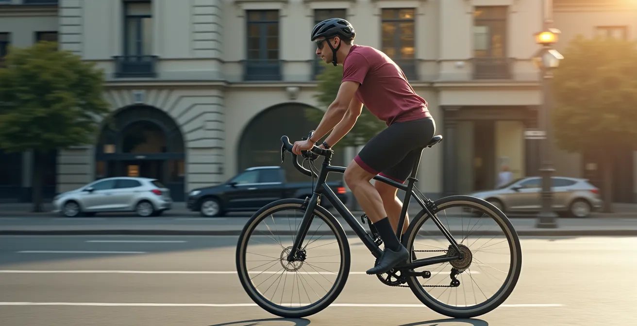 Vue de profil d'un cycliste sur vélo hollandais montrant la posture droite naturelle et détendue, guidon surélevé et selle confortable