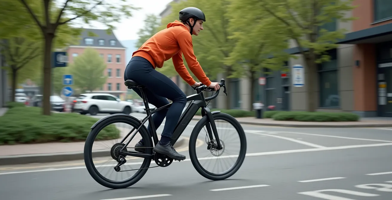 Vélo hollandais électrique avec batterie intégrée discrètement dans le cadre, roulant facilement dans une montée urbaine avec cycliste détendu
