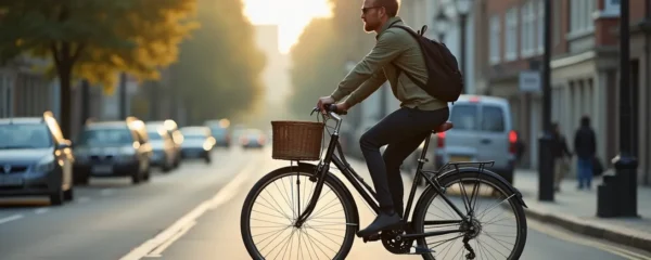 Cycliste sur vélo hollandais en position droite, roulant paisiblement dans une rue urbaine avec panier avant et équipements pratiques