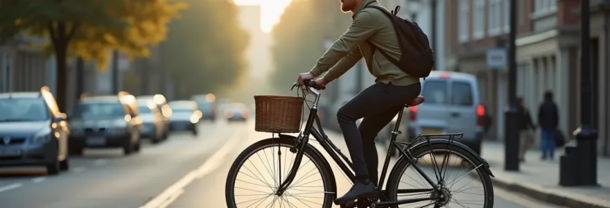 Cycliste sur vélo hollandais en position droite, roulant paisiblement dans une rue urbaine avec panier avant et équipements pratiques