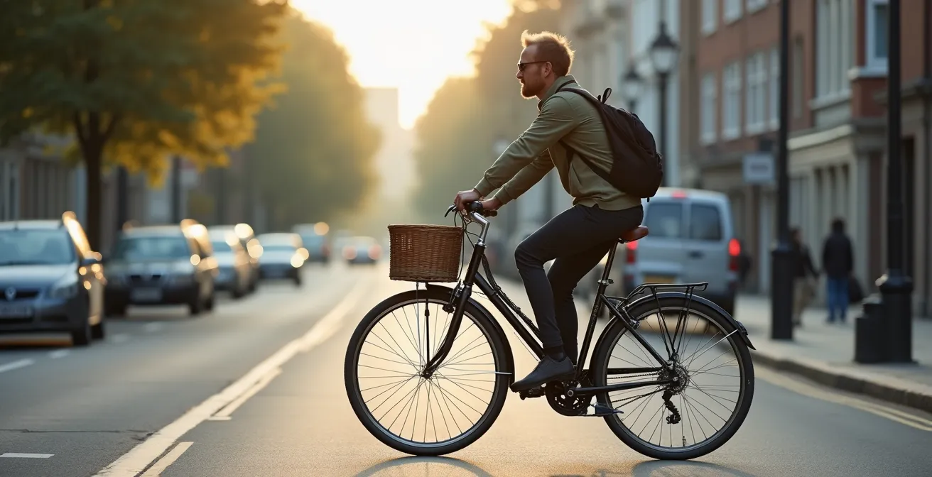 Cycliste sur vélo hollandais en position droite, roulant paisiblement dans une rue urbaine avec panier avant et équipements pratiques